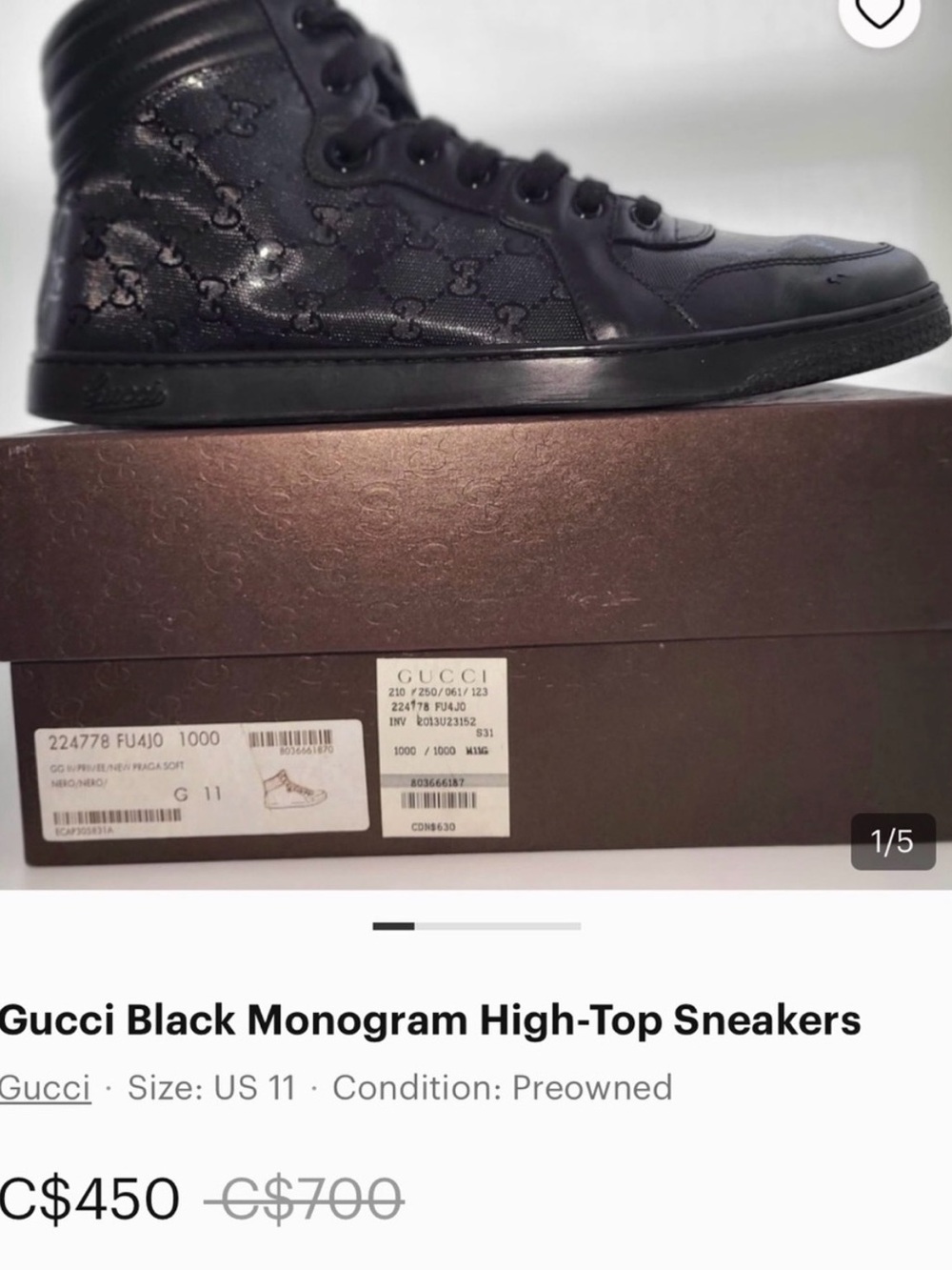 Gucci GG Imprime Black High Top Sneaker 224778 - Picture 10 of 10